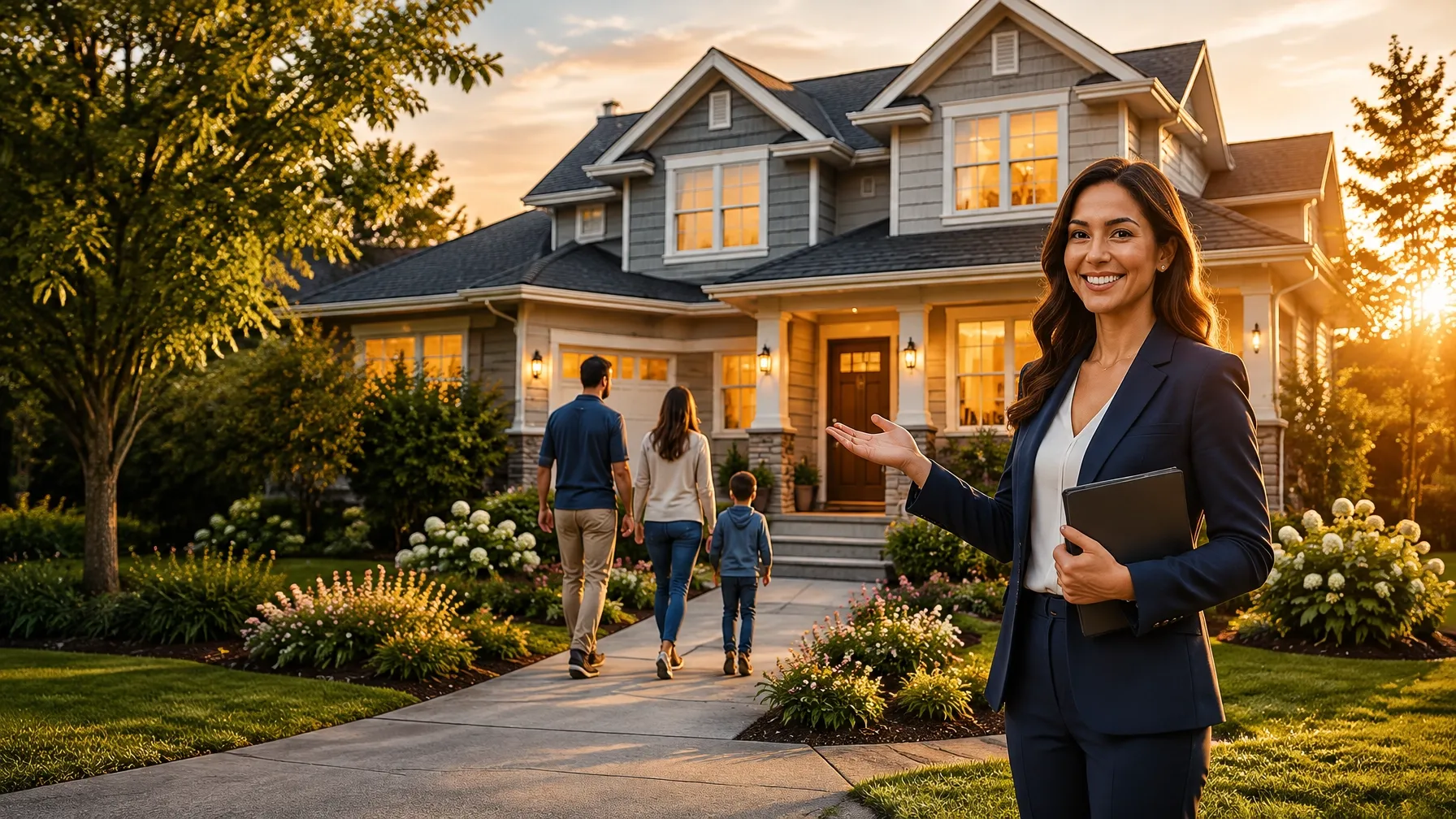 A welcoming family home at golden hour, with a family arriving and their real estate agent