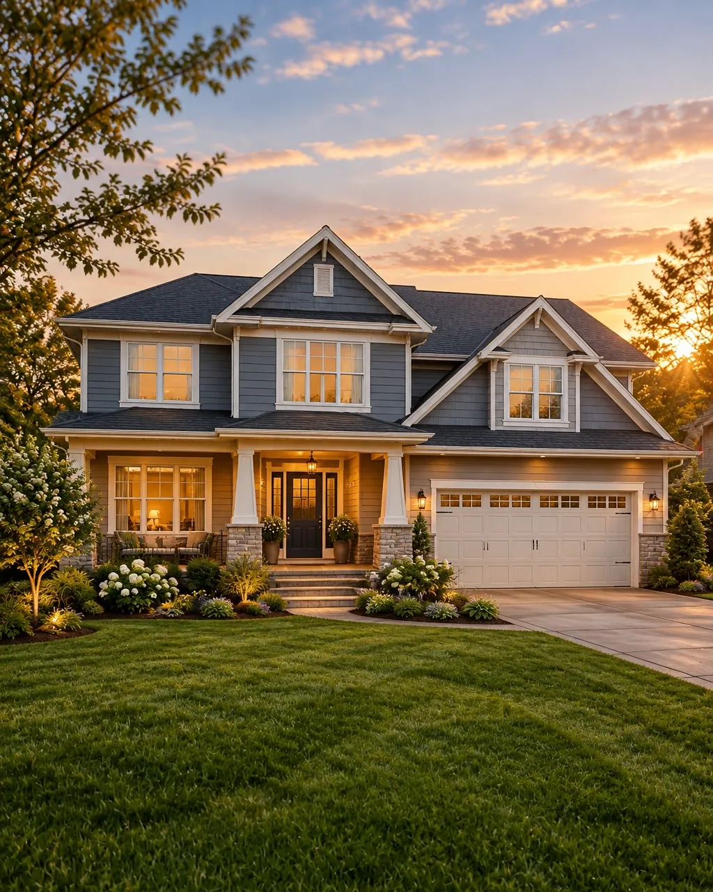 A classic two-story family home at sunset