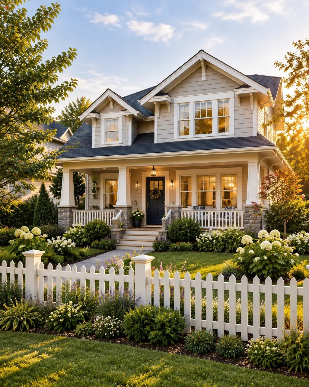 A light cottage with a welcoming porch and picket fence