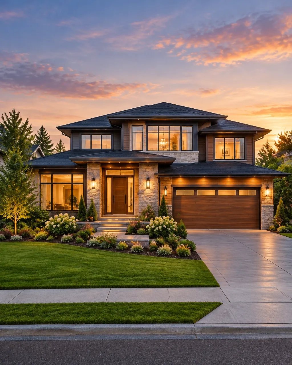 A contemporary home with warm wood details at twilight